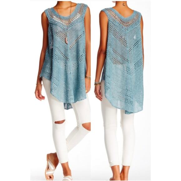 Free People Blue Linen Blend Open Knit Tunic Top - Picture 1 of 4
